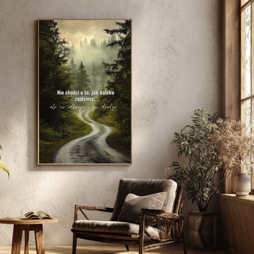 Plakat z cytatem inspirującym "Nie chodzi o to, jak daleko zajdziesz, ale...".